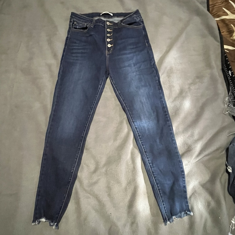 Kancan Dark Wash Mid Rise Skinny Denim Jeans Size 13 30 Frayed Raw Hem